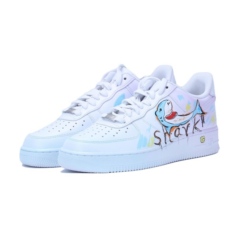 Custom Air Force 1 Shoes White Blue Graffiti Shark - Image 3